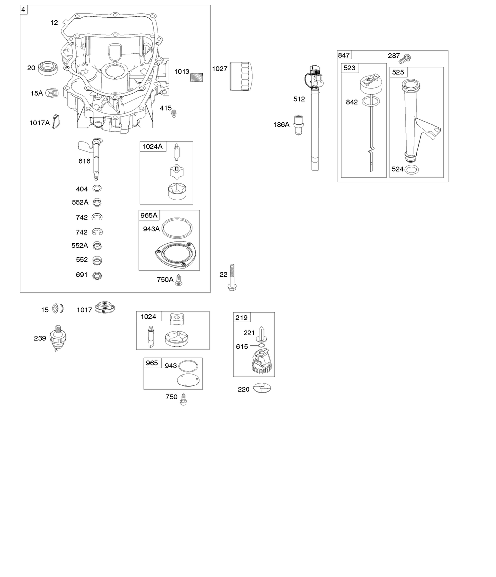 Engine Sump, Oil Pump, Dipstick/Tube Assembly Diagram and Parts List for 44Q777-5046-G5 400000 - 699999 Briggs and Stratton Engine